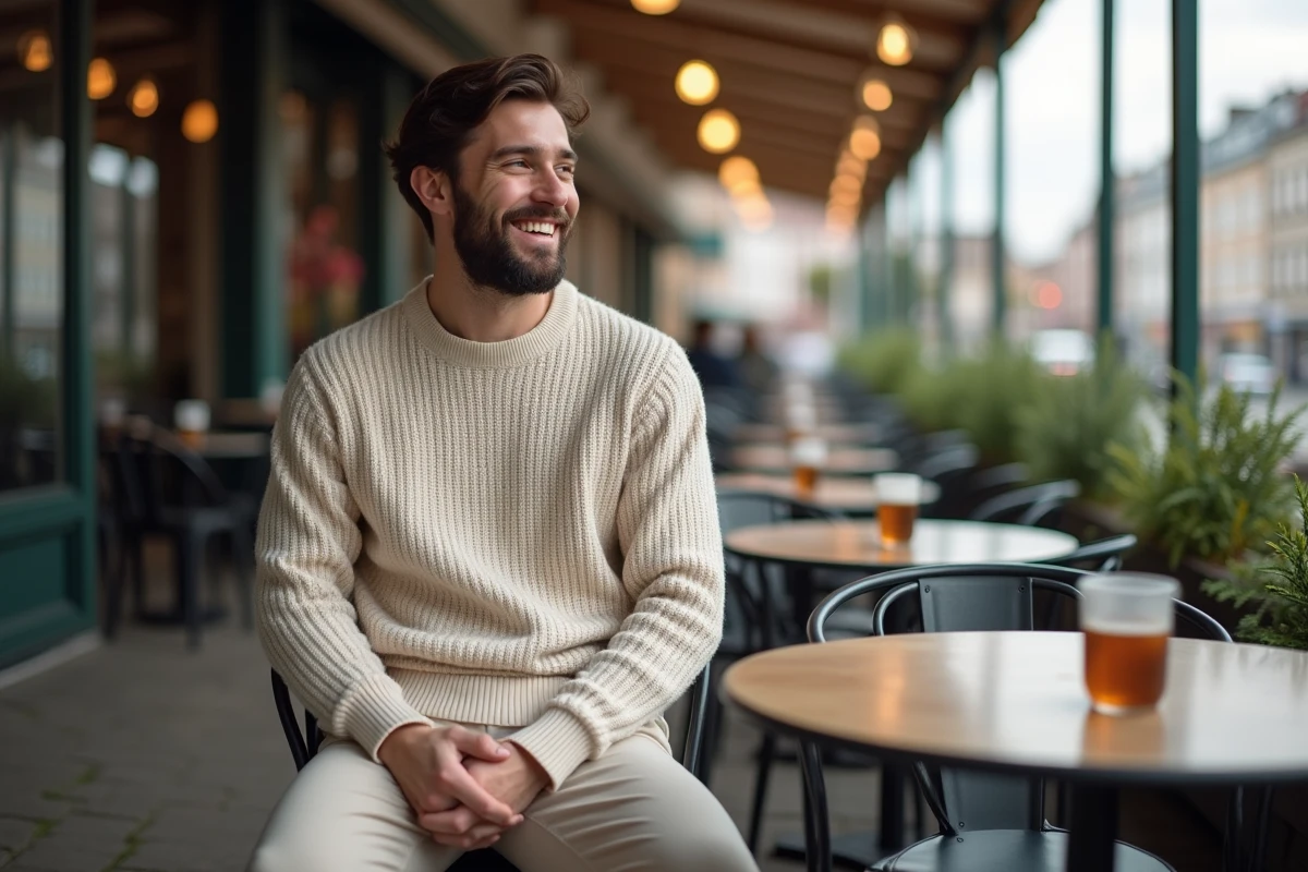 Jeune homme souriant au café en ville