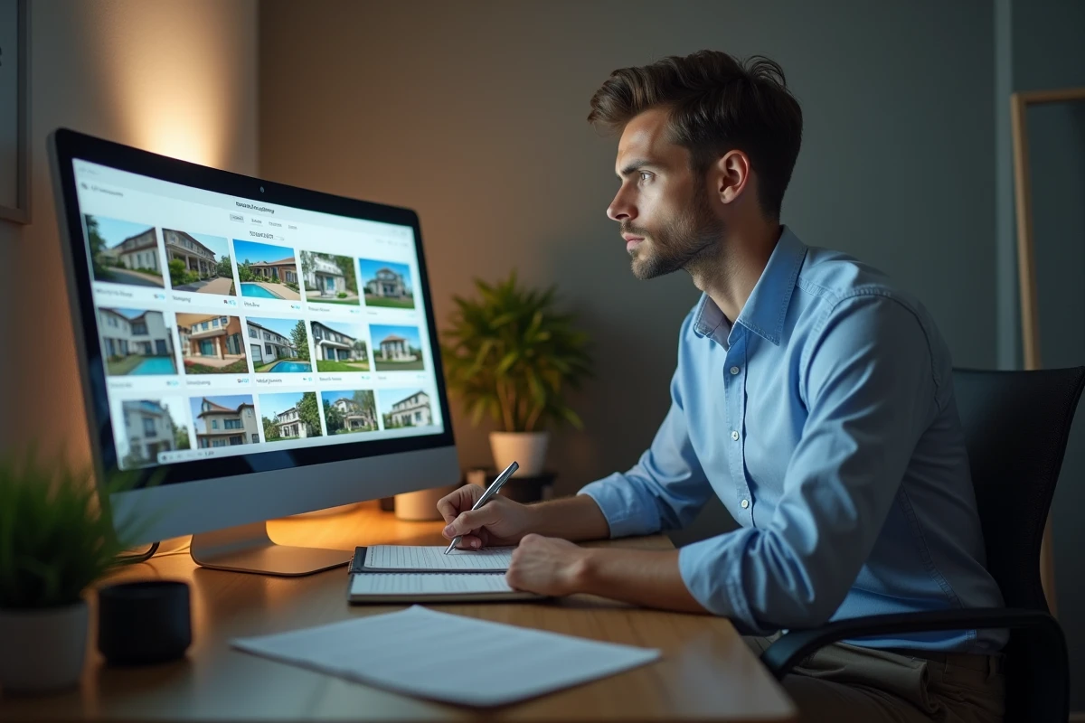 Homme prenant des notes en comparant des annonces immobilières sur un ordinateur de bureau à domicile
