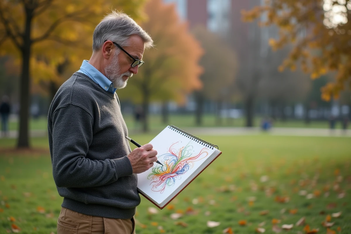 Homme en extérieur dessinant dans un parc urbain automnal