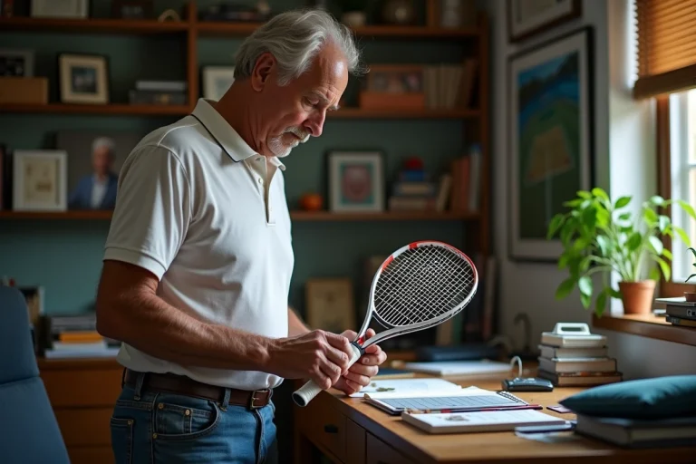 Homme vérifiant le numéro de série d'une raquette de tennis