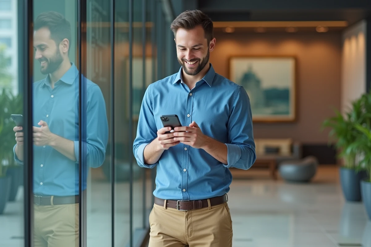 Homme utilisant son smartphone dans un hall d