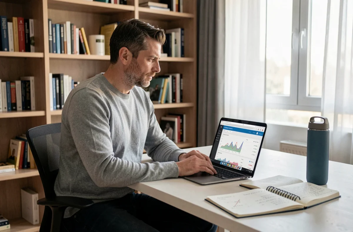 Homme utilisant une application de suivi des dépenses sur ordinateur portable dans un bureau à domicile minimaliste, pour optimiser ses finances personnelles