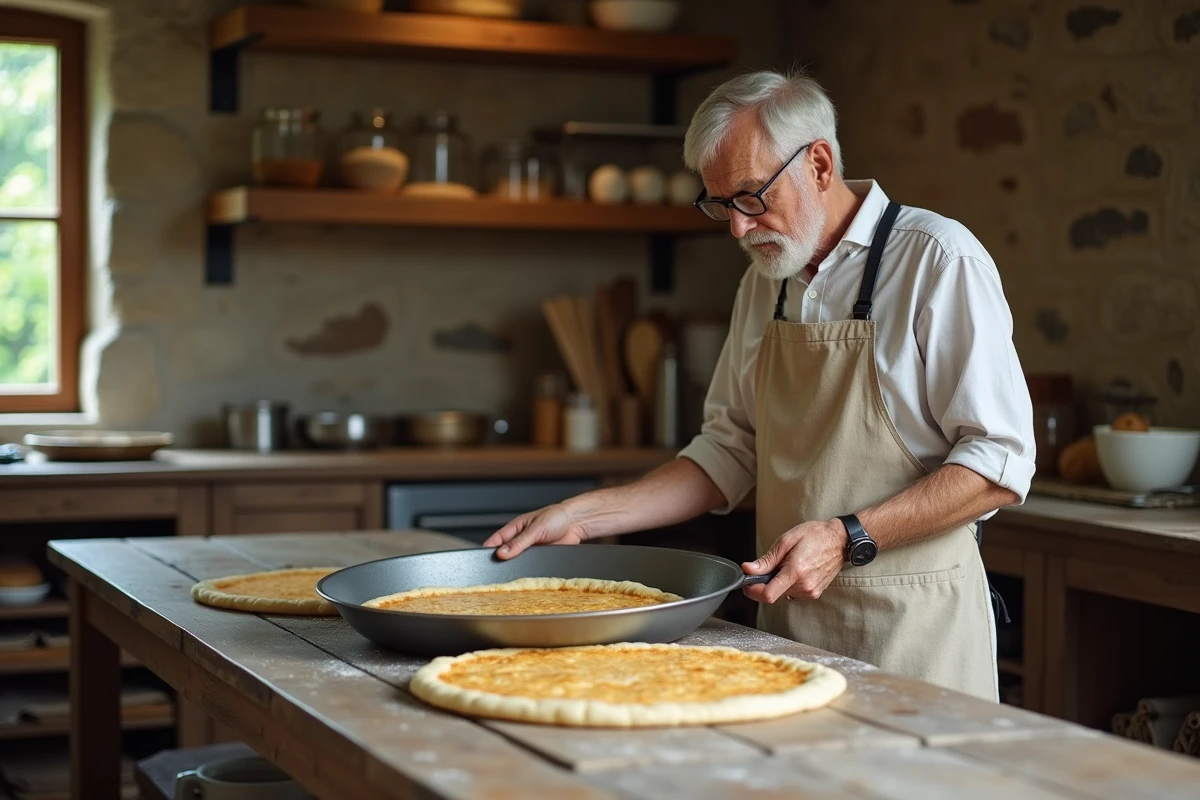 Homme inspectant un socca usé dans la cuisine rustique