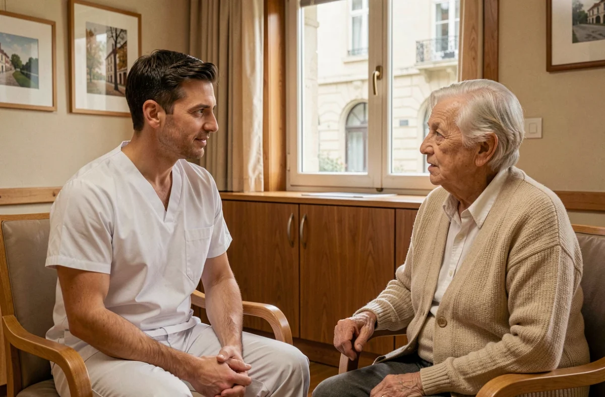 Infirmier masculin en consultation avec un patient âgé dans une chambre d'hôpital accueillante en France