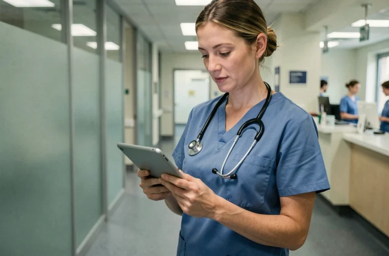 Infirmière en blouse bleue consultant une tablette numérique dans un couloir d'hôpital moderne en France