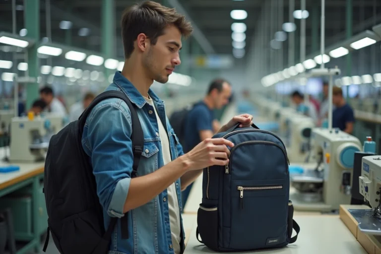 Jeune homme inspectant un sac dans une usine textile moderne