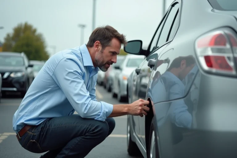 Un homme inspecte attentivement la carrosserie d'une voiture d'occasion dans un parking, avant un achat
