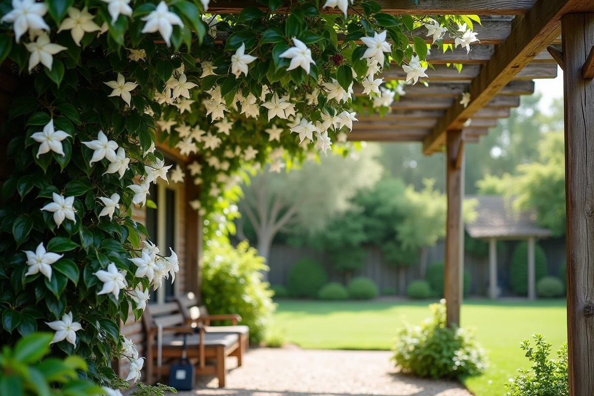 Jasmin étoilé en pleine floraison couvrant une pergola en bois rustique dans un jardin de maison individuelle