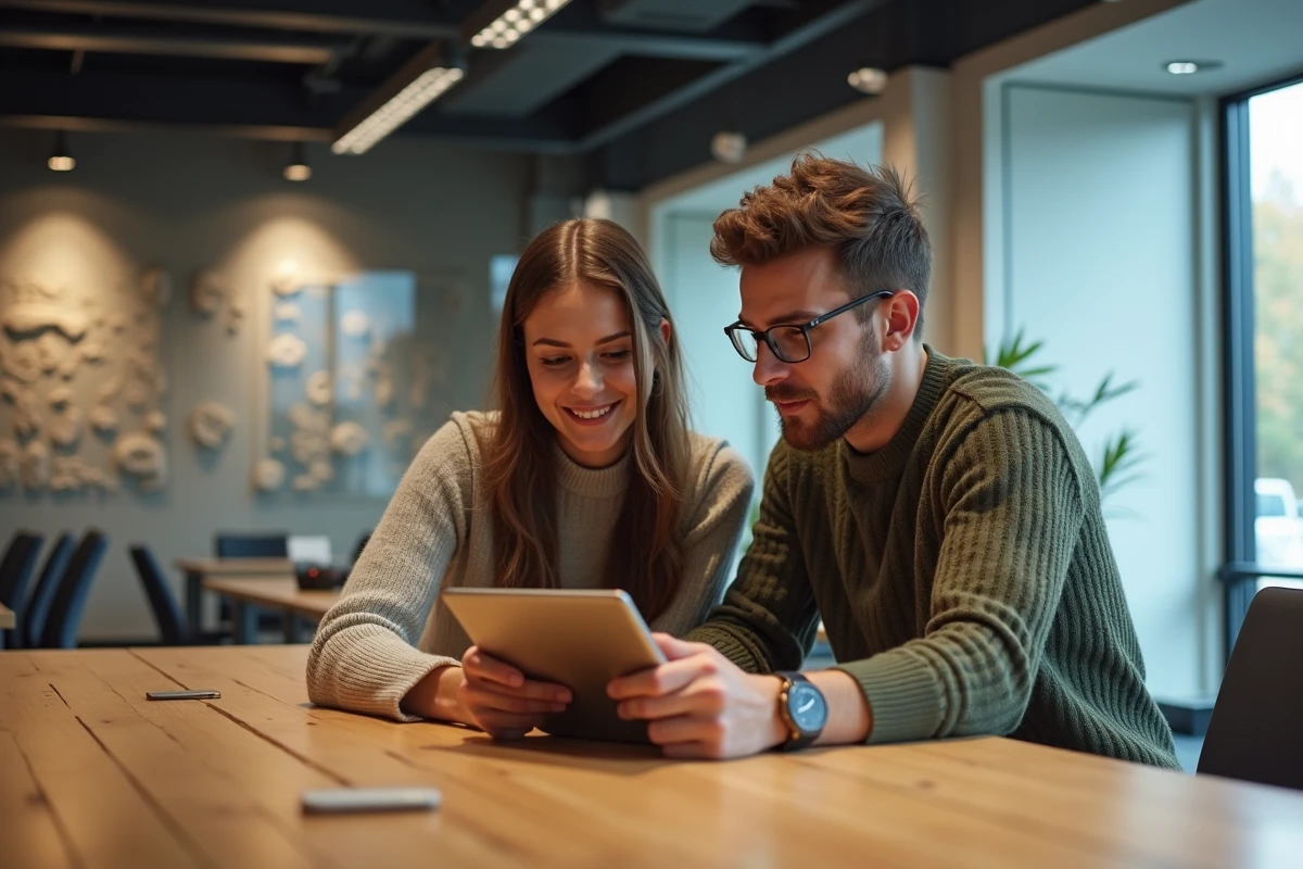 Jeune breton collaborant sur une tablette dans un espace moderne