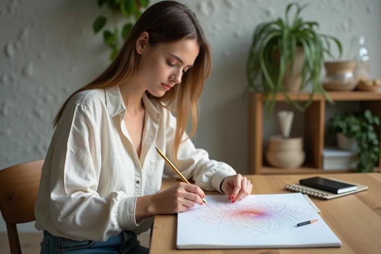 Jeune femme en train de dessiner des motifs abstraits dans un studio créatif