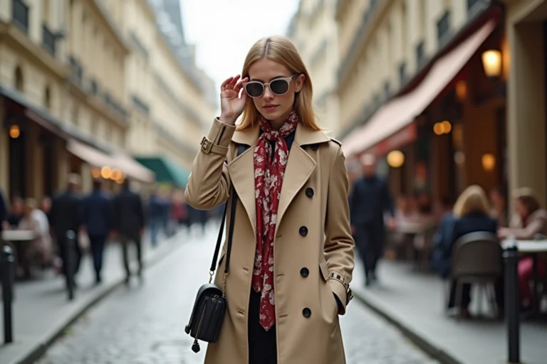Jeune femme élégante dans Paris en trench et foulard