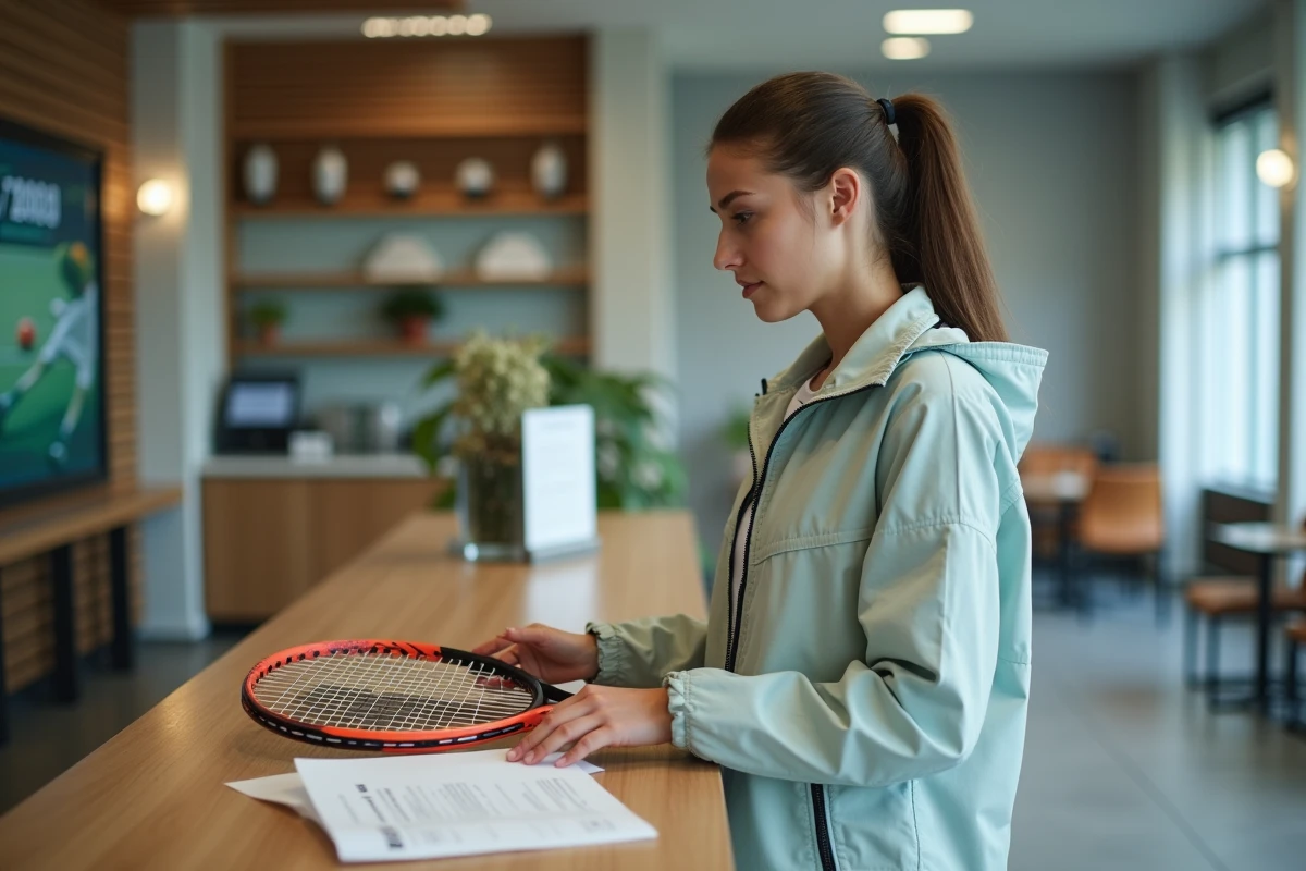 Jeune femme comparant la raquette au certificat au club de tennis