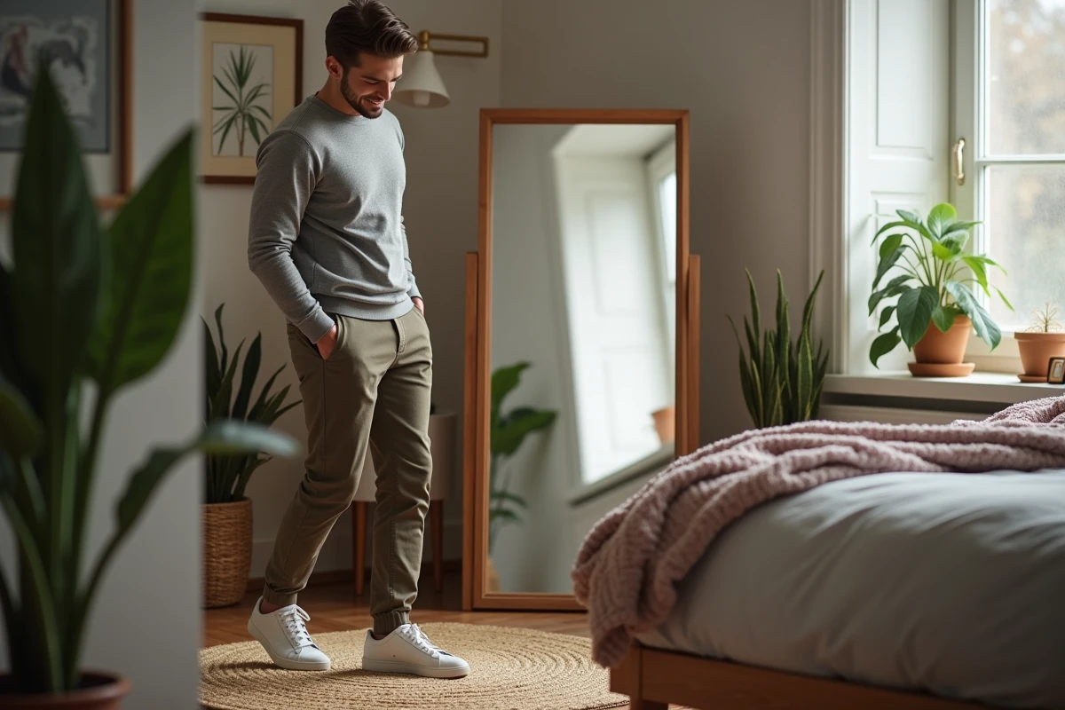 Jeune homme essayant des sneakers dans sa chambre