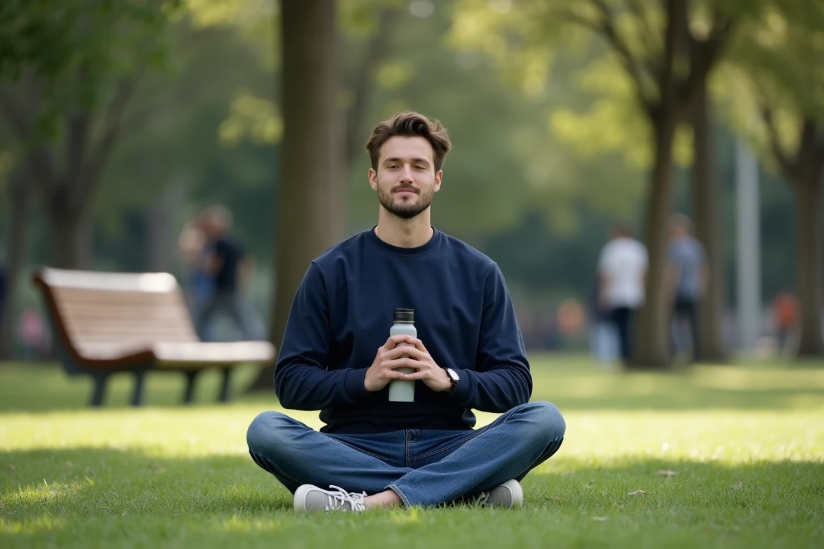 Jeune homme méditant dans un parc urbain en pleine nature