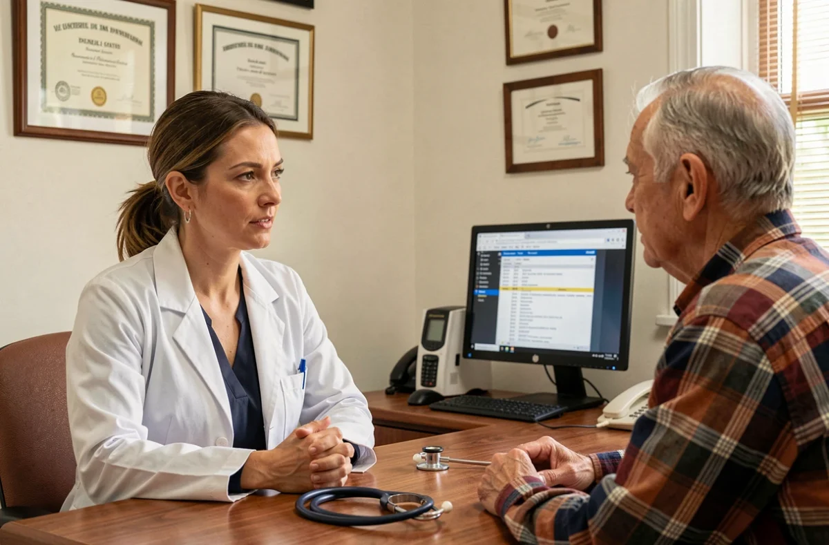 Médecin généraliste en consultation avec un patient âgé dans un cabinet médical chaleureux illustrant le service Medicaloc