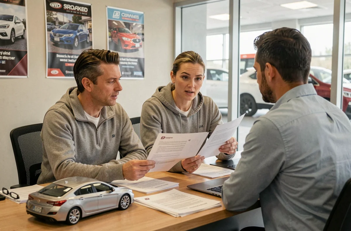 Couple négociant une offre de financement automobile avec un conseiller en concession