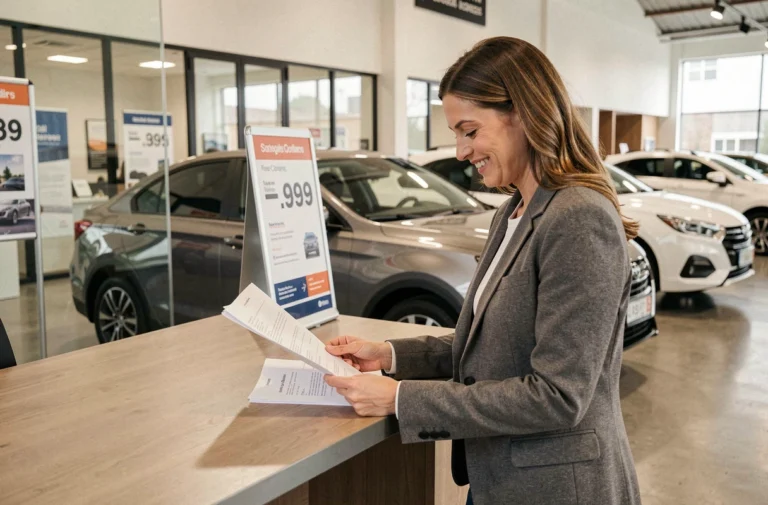 Femme examinant les offres promotionnelles dans une concession automobile moderne