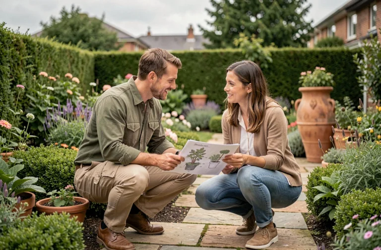 Paysagiste professionnel discutant d'un plan d'aménagement paysager avec une propriétaire dans un jardin bien entretenu