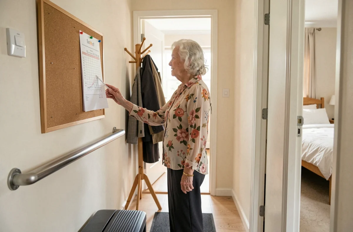Personne âgée vérifiant son planning de soins Logisfil affiché dans le couloir de son domicile