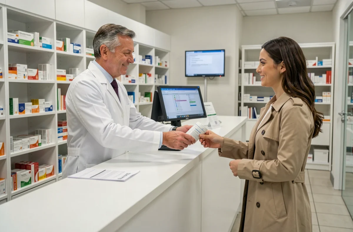 Pharmacien remettant une ordonnance médicale à une patiente dans une pharmacie moderne illustrant les services de santé accessibles via Medicaloc