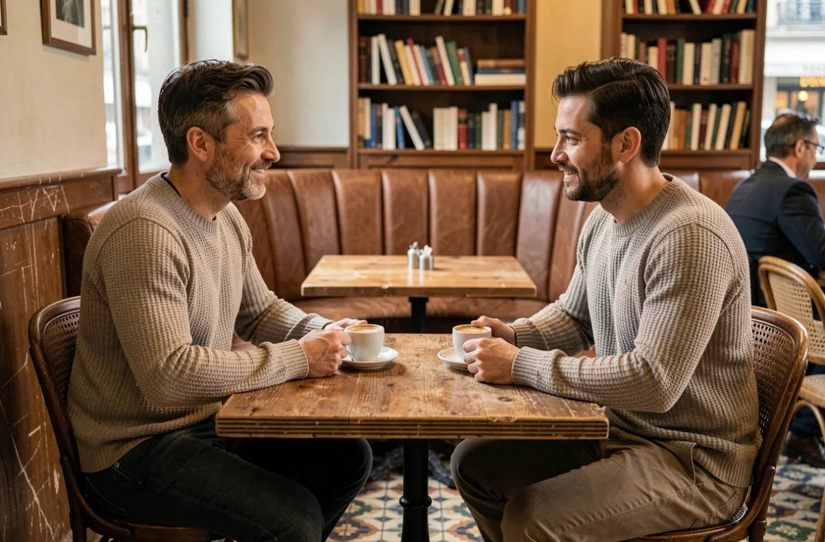 Un couple complice autour d'un café dans un bistrot parisien typique, évoquant la vie privée de Philippe Coelho