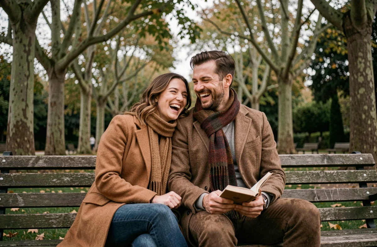 Philippe Coelho et sa compagne Anne-Élisabeth riant ensemble sur un banc dans un jardin parisien en automne