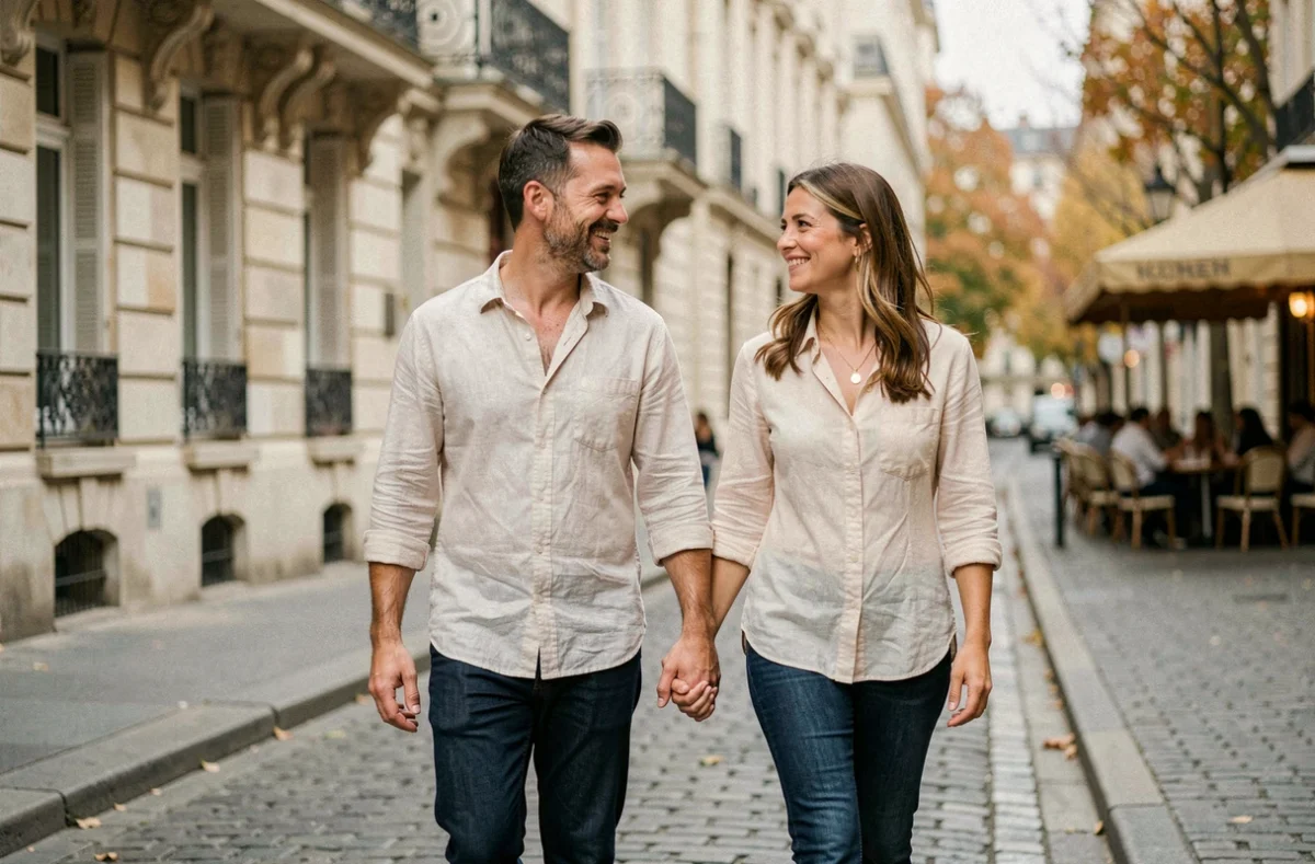 Philippe Coelho et Anne-Élisabeth se promenant main dans la main dans une rue pavée de Paris en automne