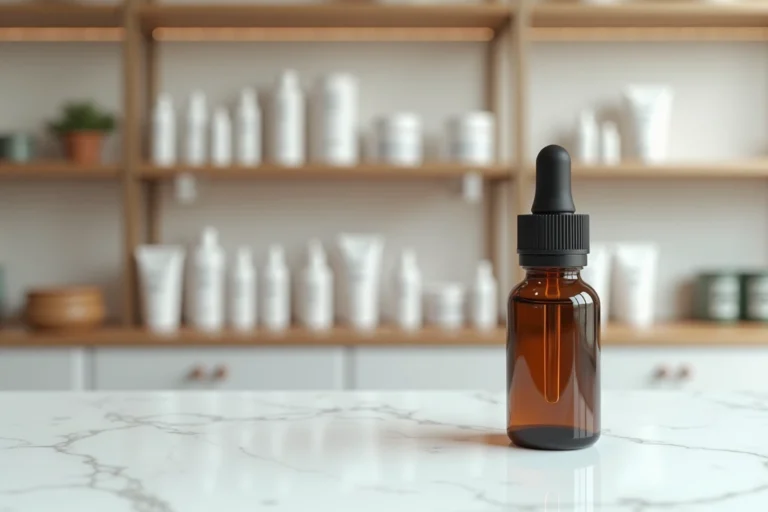 Flacon de Phytargile concentré posé sur un comptoir de pharmacie en marbre blanc avec fond flou de rayonnages