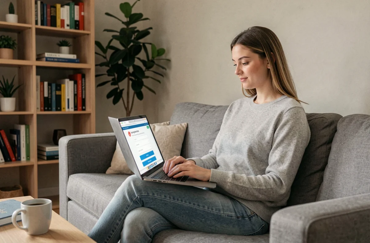 Jeune femme consultant une plateforme de prise de rendez-vous médical en ligne depuis son domicile avec un ordinateur portable