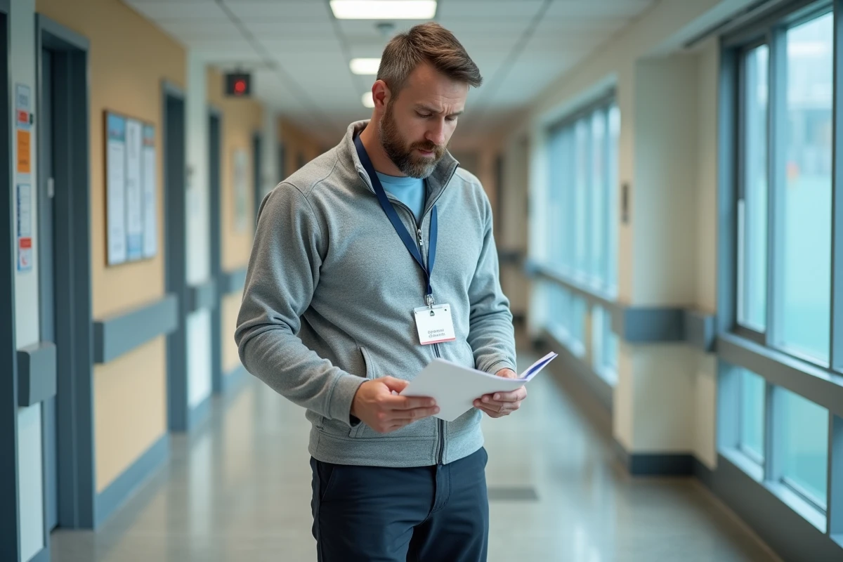Professionnel du secteur médico-social consultant un guide de ressources dans le couloir d'un établissement spécialisé
