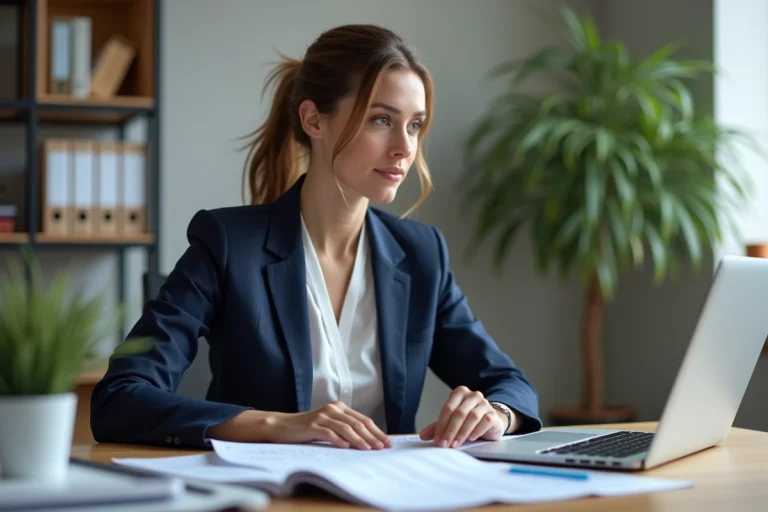 Professionnelle du secteur social consultant des ressources documentaires sur son bureau dans un bureau de travail social