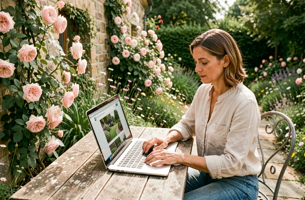 Femme recherchant un professionnel de jardinage sur son ordinateur portable dans un jardin fleuri