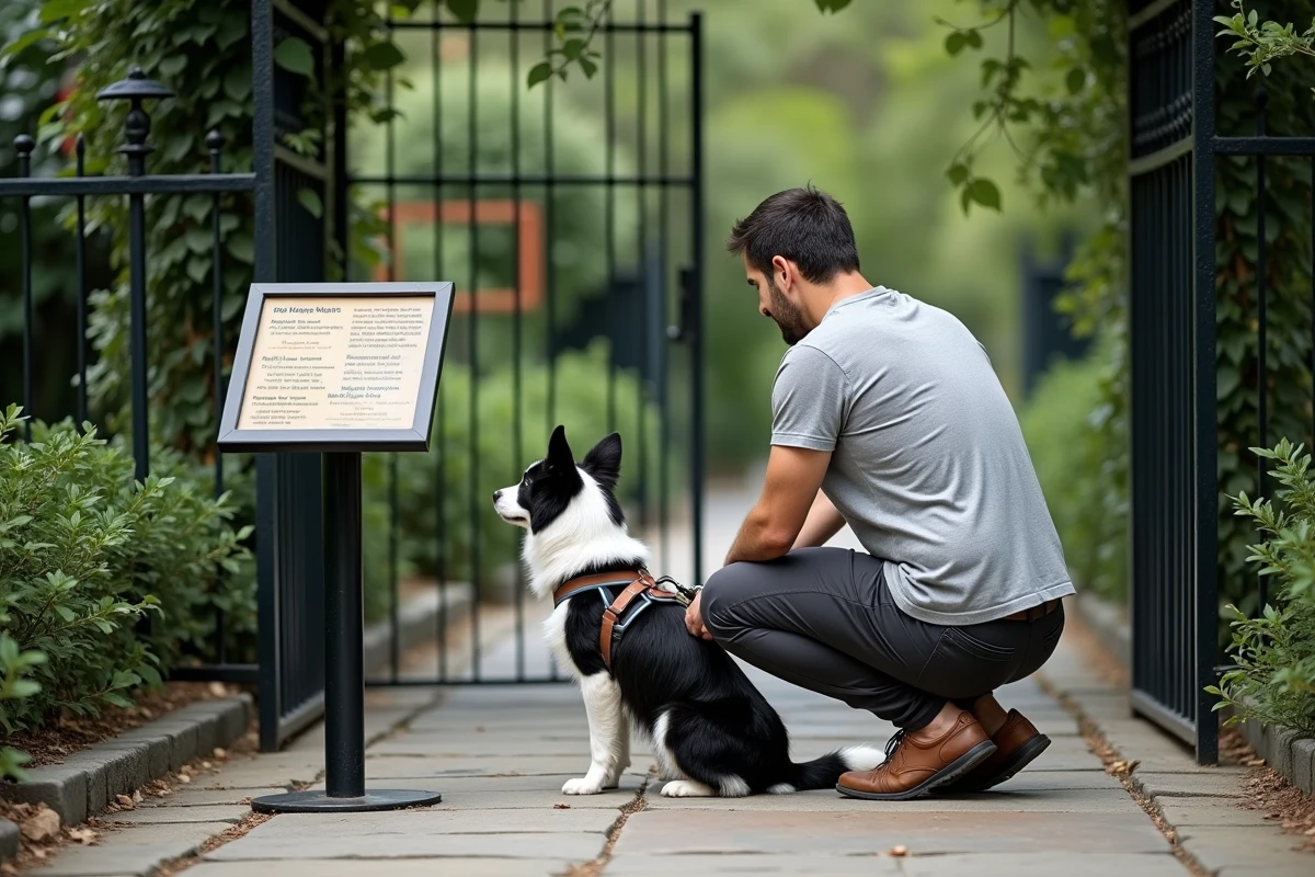 Homme lisant le panneau de règlement pour les chiens à l'entrée d'une zone du parc Terra Botanica avec son border collie