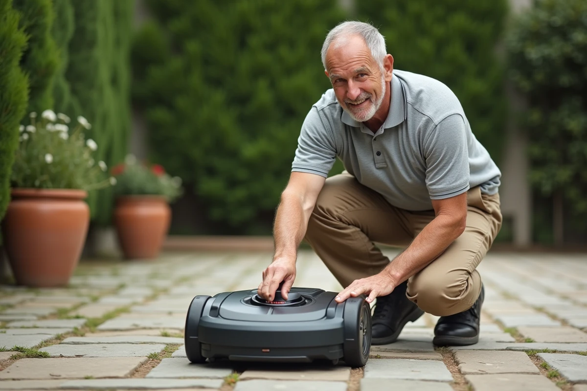 Homme effectuant une réinitialisation manuelle de sa tondeuse robot Parkside dans son jardin