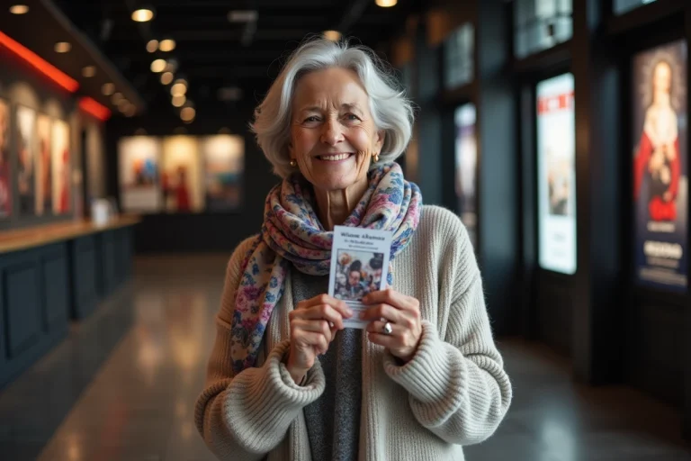 Femme âgée souriante avec ticket de cinéma devant théâtre