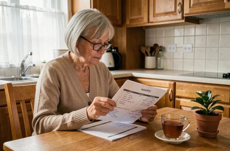 Senior femme consultant son planning Logisfil à domicile à la table de cuisine