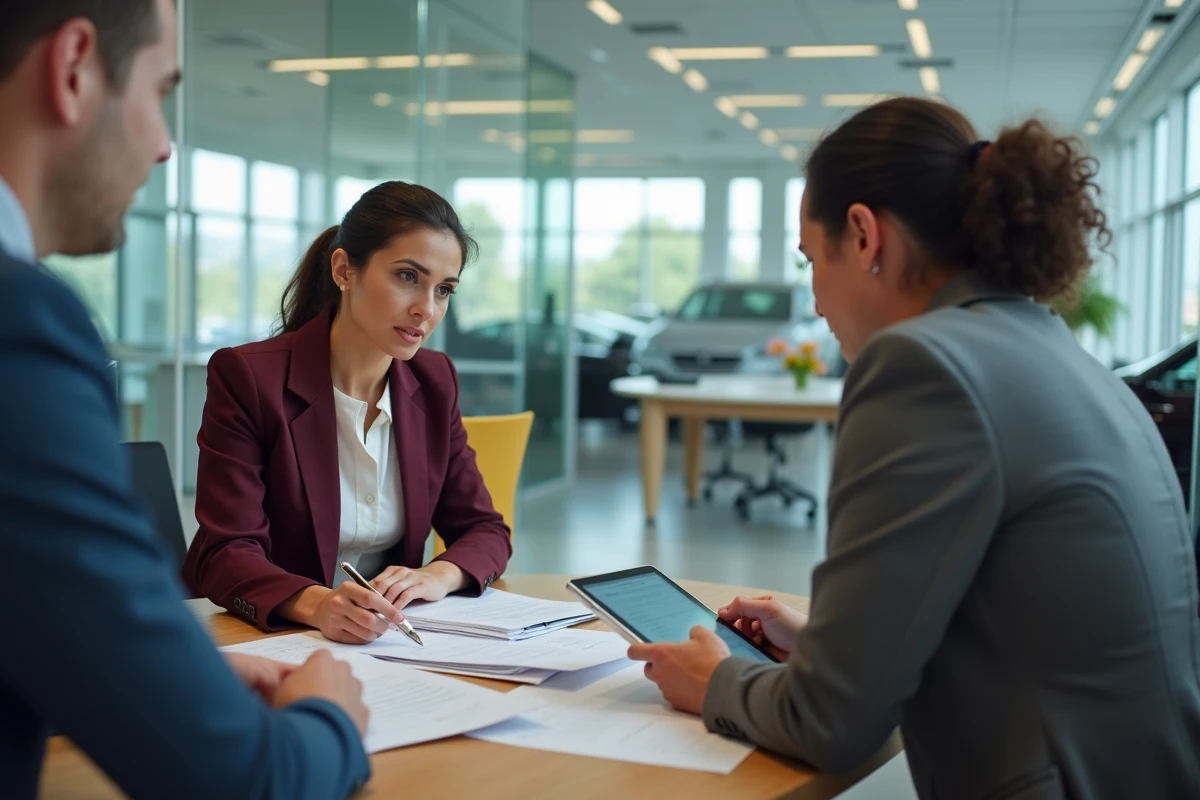 Une femme signe les documents de vente d'une voiture d'occasion avec un conseiller dans un bureau de concession