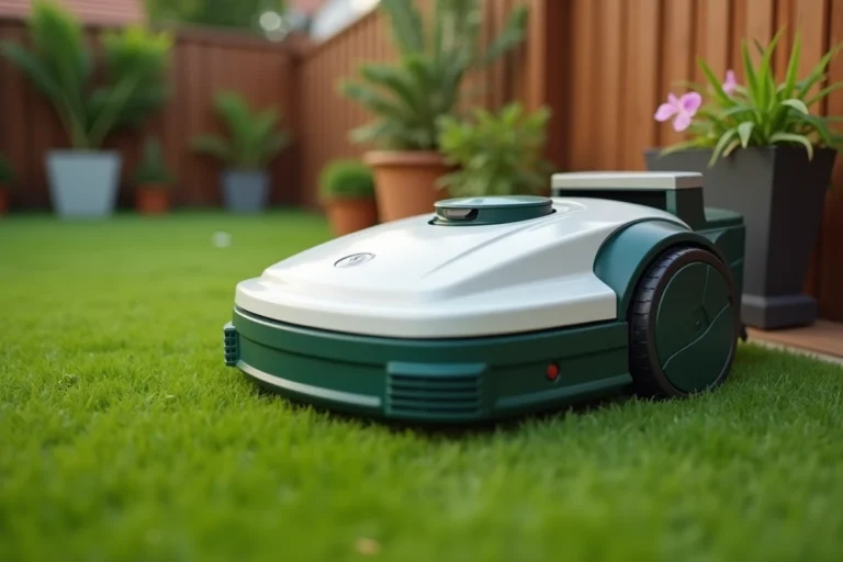 Tondeuse robot Parkside sur son socle de chargement dans un jardin résidentiel bien entretenu