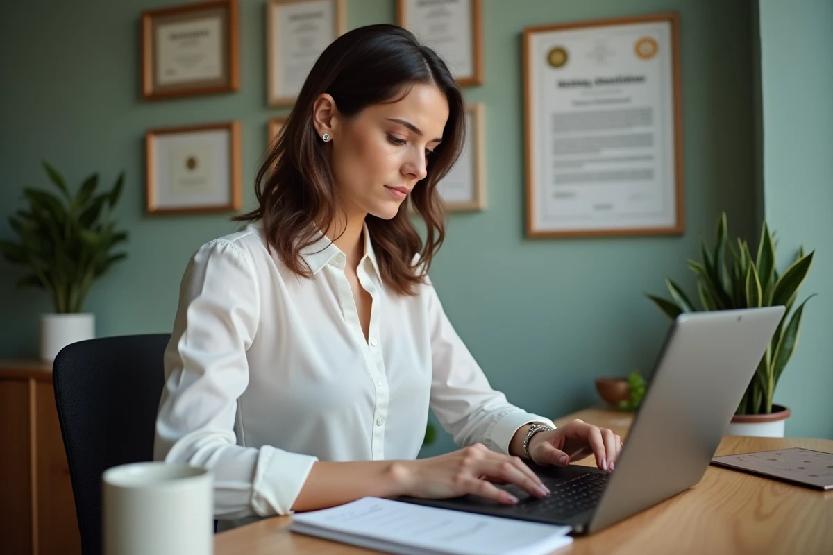 Femme tutrice rédigeant une appréciation de stage sur ordinateur portable dans un bureau à domicile bien organisé