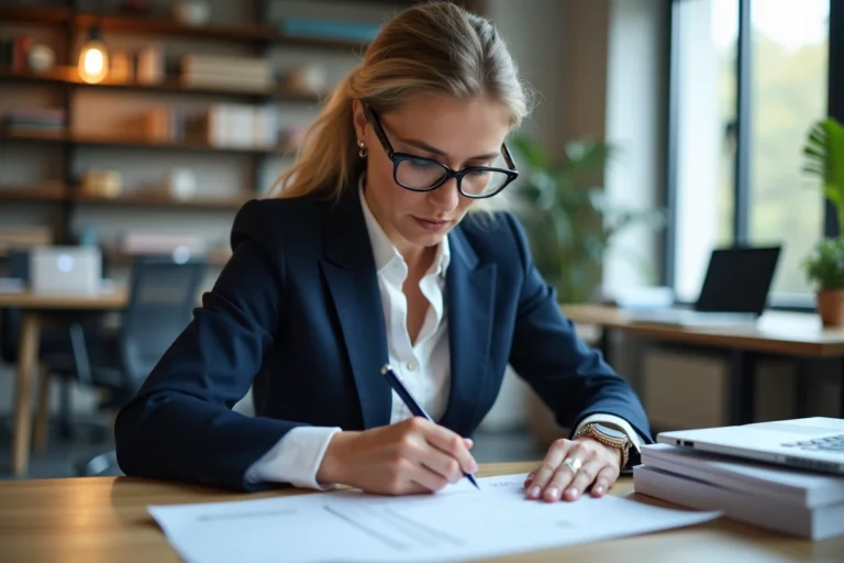 Tutrice professionnelle en train de rédiger une appréciation de stage sur un formulaire papier dans un bureau moderne