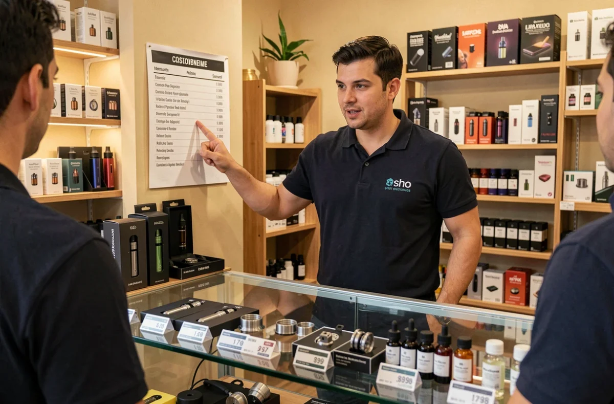 Vendeur en boutique de cigarettes électroniques expliquant l'évolution des prix des e-cigarettes à un client en France en 2022