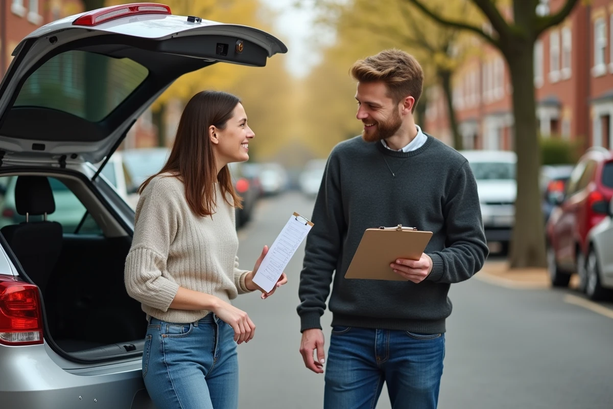 Un couple examine le coffre d'une voiture d'occasion lors d'une vente entre particuliers dans une rue résidentielle