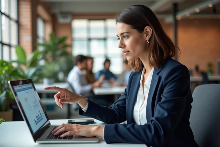 Femme entrepreneur analysant les statistiques de visibilité digitale de son entreprise sur un ordinateur portable dans un espace de coworking moderne