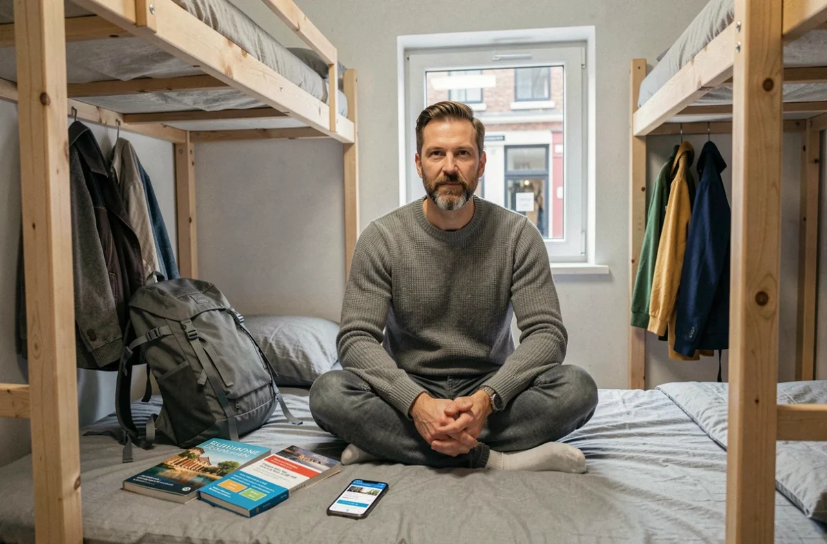 Voyageur comparant des hébergements sur son téléphone dans un dortoir d'auberge de jeunesse