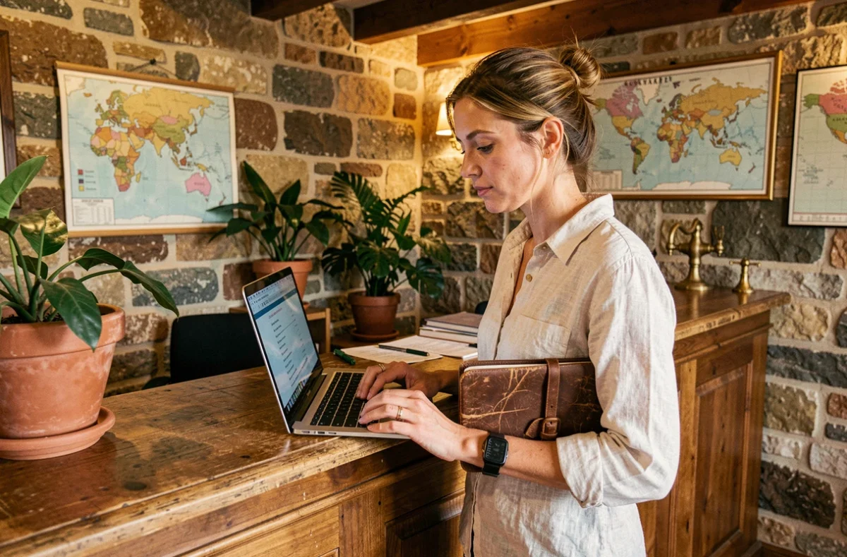 Voyageuse consultant les options d'hébergement à la réception d'un hôtel boutique avec des murs en pierre apparente